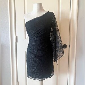 Hailey Logan Adrianna Papell Black Lace One Shoulder Cocktail Dress 5/6
